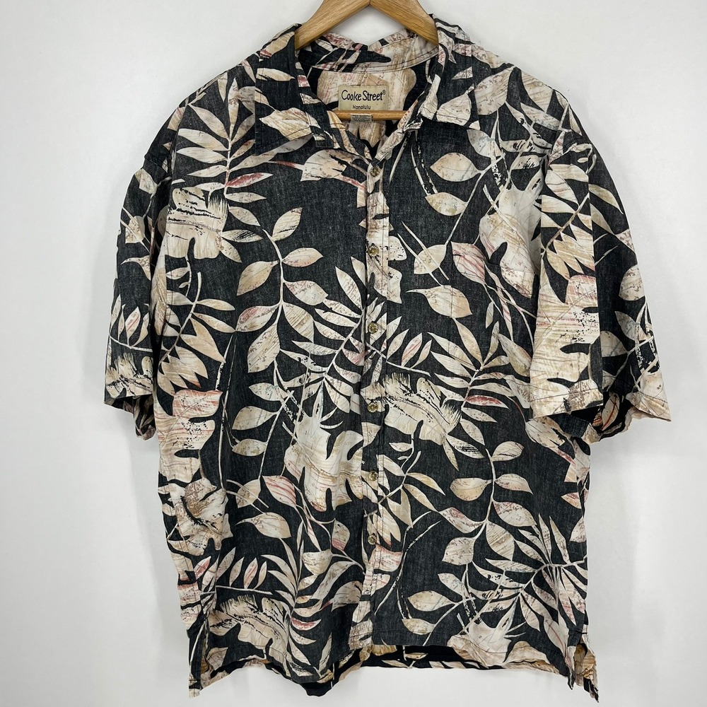 Cooke Street Honolulu Mens 2XL Aloha Shirt Tropical Leaf Print Cotton Black Tan